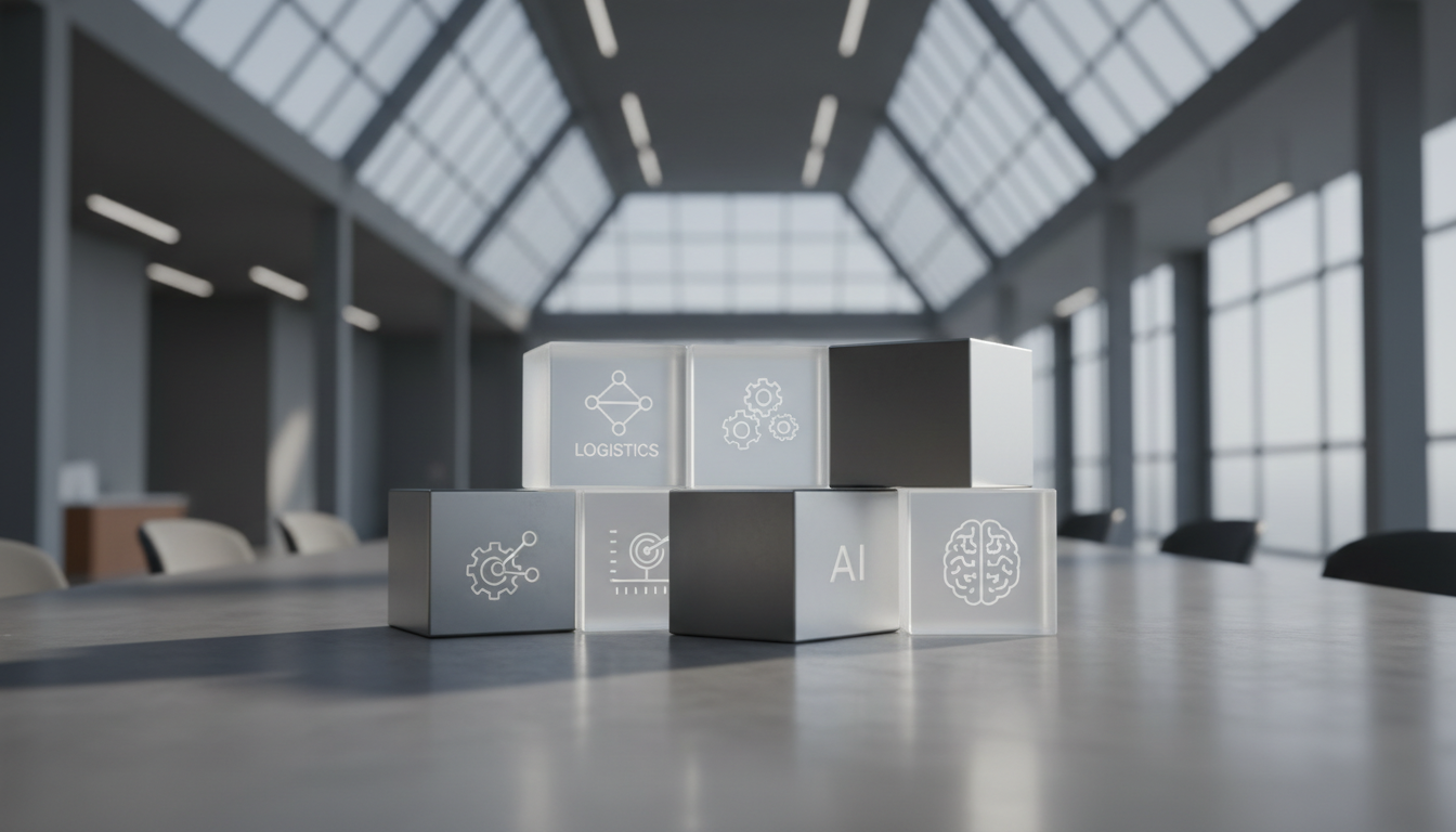 A set of interlocked geometric blocks of frosted acrylic and reinforced steel, each etched with minimalist icons symbolizing logistics, program management, and AI connectivity. These are carefully arranged on a smooth, neutral stone tabletop in an open, high-ceilinged workspace. Overhead, soft diffused lighting creates gentle highlights, emphasizing the clean edges and subtle textures of the blocks, while casting delicate, defined shadows that add depth. The image is shot from a slightly elevated angle with a sharp, clear focus throughout. This structured and abstract composition conveys organizational precision, high-tech innovation, and a polished business aesthetic.