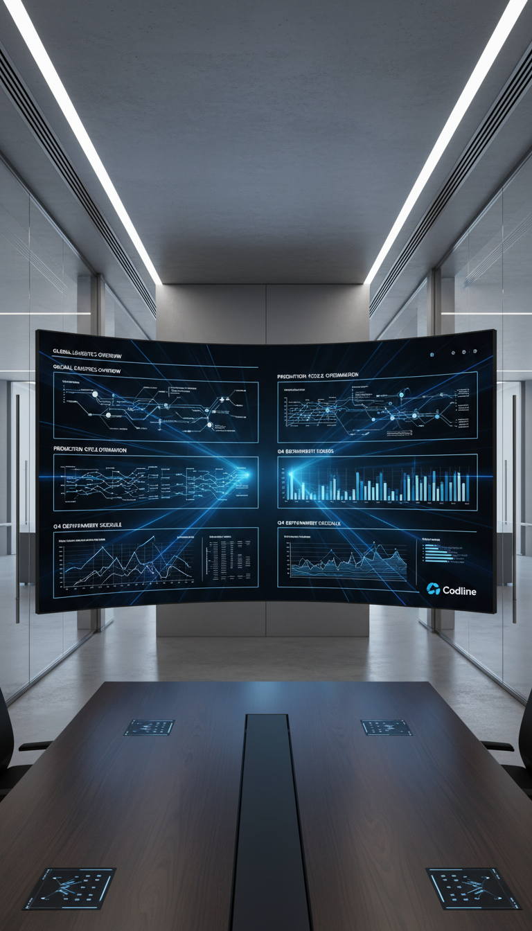 An ultra-modern control dashboard interface, rendered on a seamless, wall-mounted ultra-wide display, shows schematic visuals of interconnected supply chain networks and program timelines. The interface uses a color palette of deep blues, grays, and crisp whites with luminous accents. The setting is a pristine, minimalist office with anodized metal and glass surfaces, outlined by soft ambient lighting that reduces glare and enhances screen detail. Captured straight-on with a panoramic framing, the image exudes clarity and corporate sophistication, aligning with the professional, client-focused ethos of Codeline.