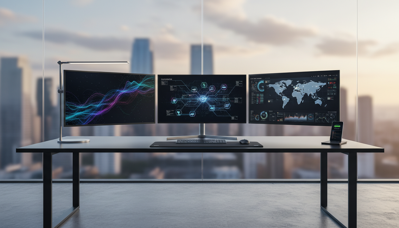 A sleek workstation featuring multiple thin-bezel monitors displaying abstract data visualizations and logistics schemas, all arranged neatly atop a matte-black desk accented with brushed aluminum. Behind, an expansive glass wall looks out onto a softly blurred cityscape. The lighting is a blend of low, natural afternoon light and understated cool-white task lighting, highlighting the clarity of the setup with crisp, minimal shadows. The composition is structured, using the rule of thirds, creating a harmonious and balanced scene. The overall mood is modern, efficient, and highly professional, embodying the essence of a corporate software solutions provider.