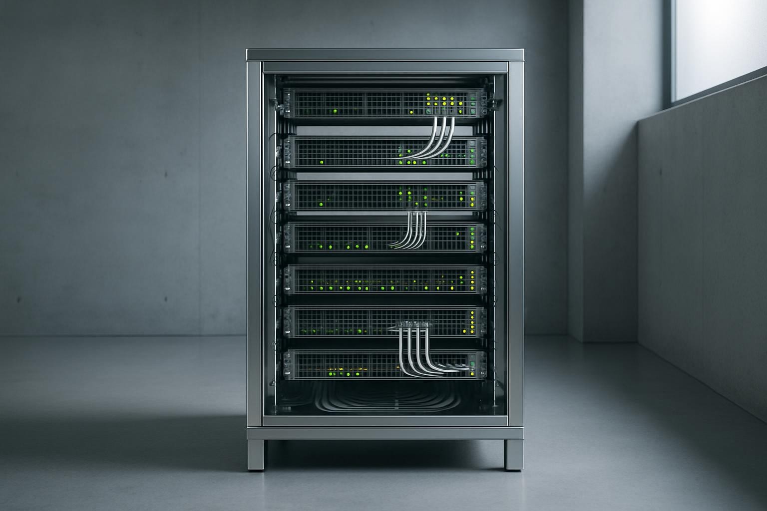 A meticulously organized glass and brushed steel server rack, filled with glowing LED indicators and neatly bundled network cables, stands against a smooth concrete backdrop in a quiet, ultramodern office space. Cool, diffused daylight streams from a high frosted window, gently illuminating the reflective surfaces and casting subtle, precise shadows beneath the rack. The scene’s mood is focused and professional, evoking reliability and technological sophistication. Captured from a centered, eye-level perspective with balanced composition and crisp depth of field, every line appears clean and purposeful. The atmosphere is calm, structured, and corporate, perfectly matching a business site for elite software solutions.